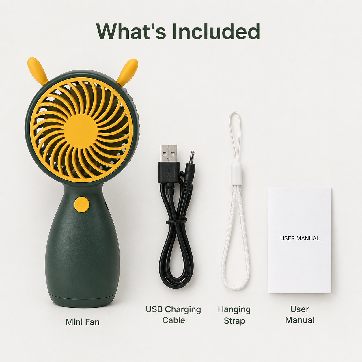 Green Cute Mini Rechargeable USB Fan - Portable Handheld Desk Fan