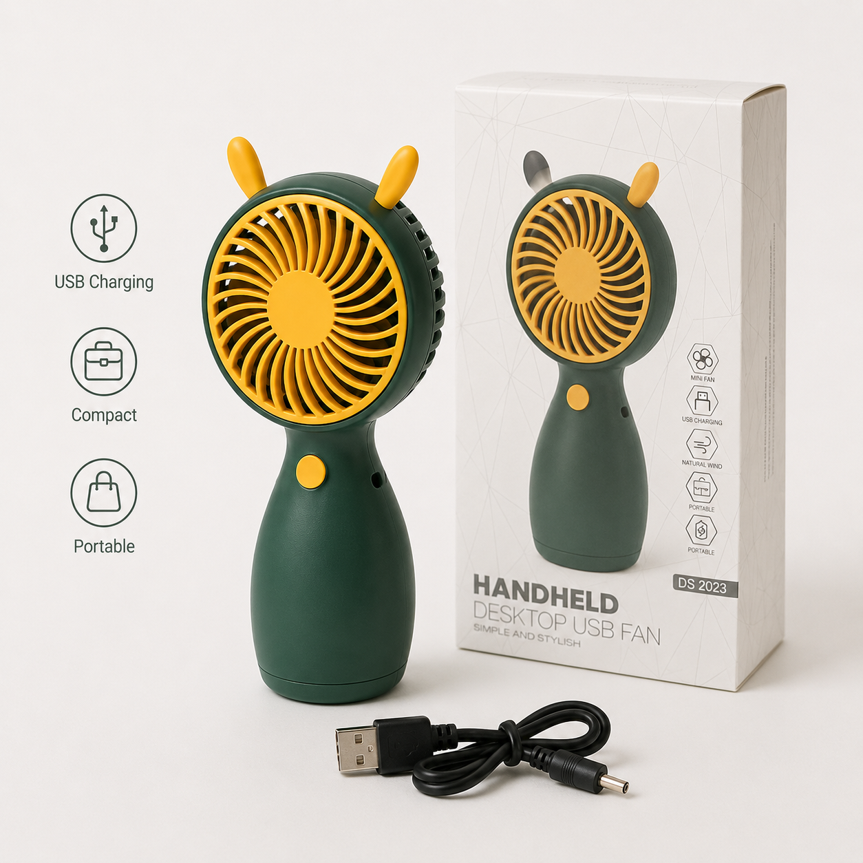 Green Cute Mini Rechargeable USB Fan - Portable Handheld Desk Fan