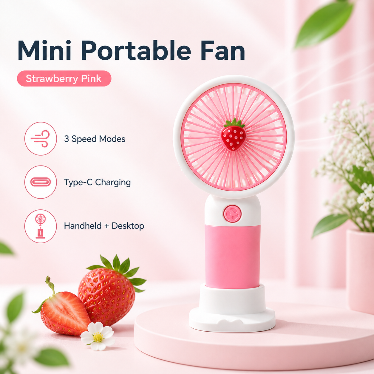 Mini Rechargeable Portable Fan - 3 Speed USB Handheld Desk Fan - Pink