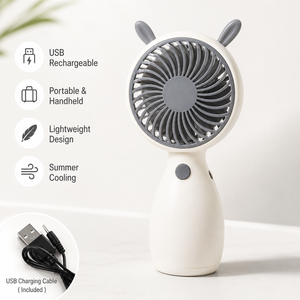 White Cute Mini Rechargeable USB Fan - Portable Handheld Desk Fan