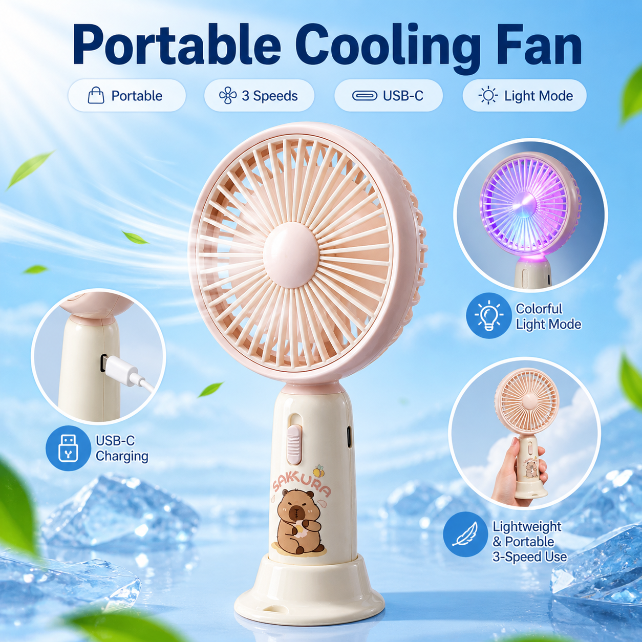 Mini Rechargeable Fan with Light - Portable USB Desk Fan