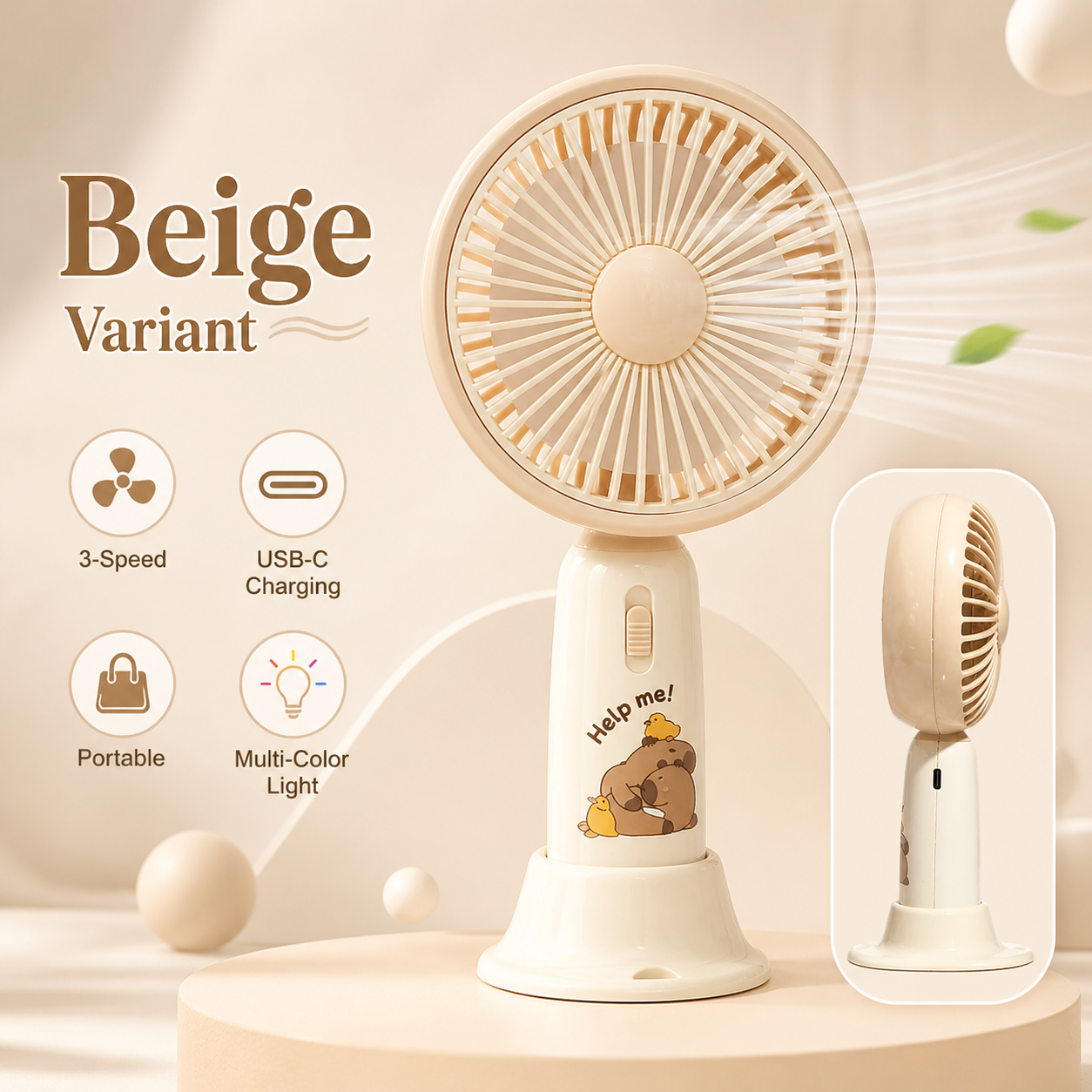 Mini Rechargeable Fan with Light - Portable USB Desk Fan - Beige