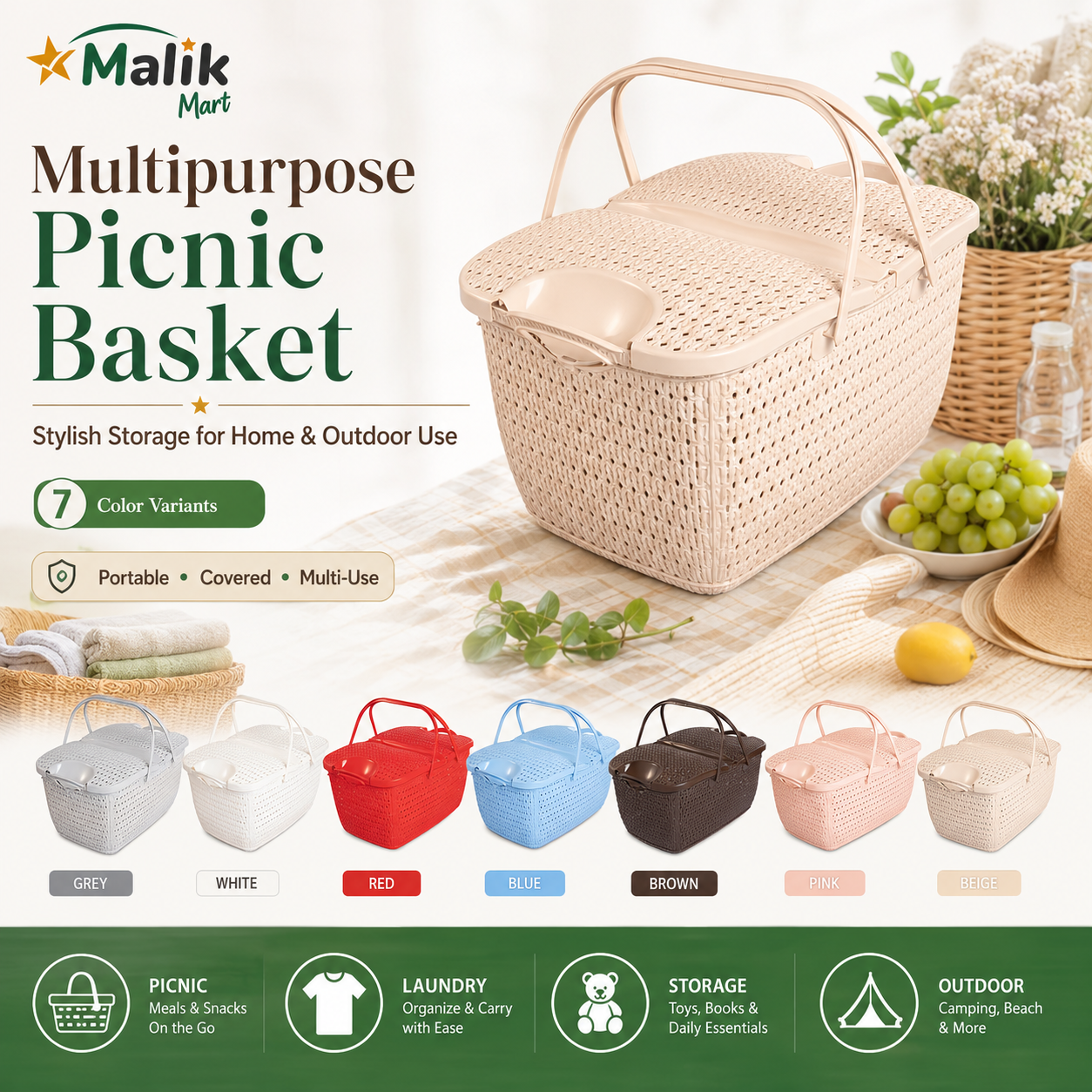 Plastic Picnic Basket | Outdoor Food Storage & Carry Basket