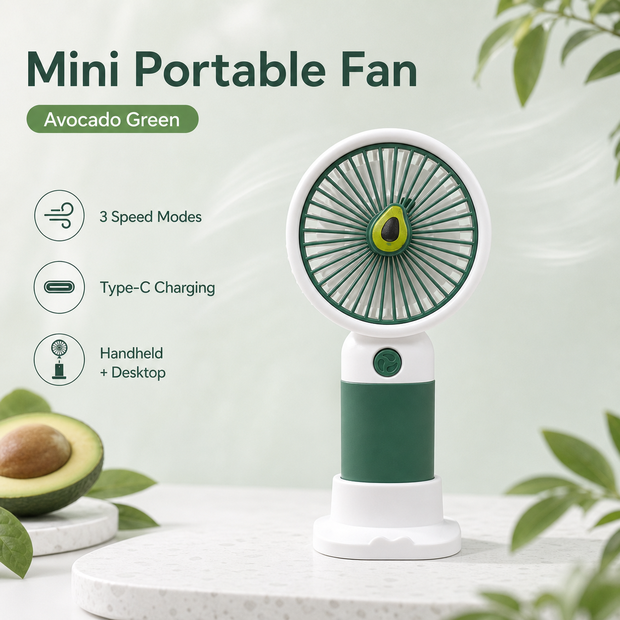 Mini Rechargeable Portable Fan - 3 Speed USB Handheld Desk Fan - Green