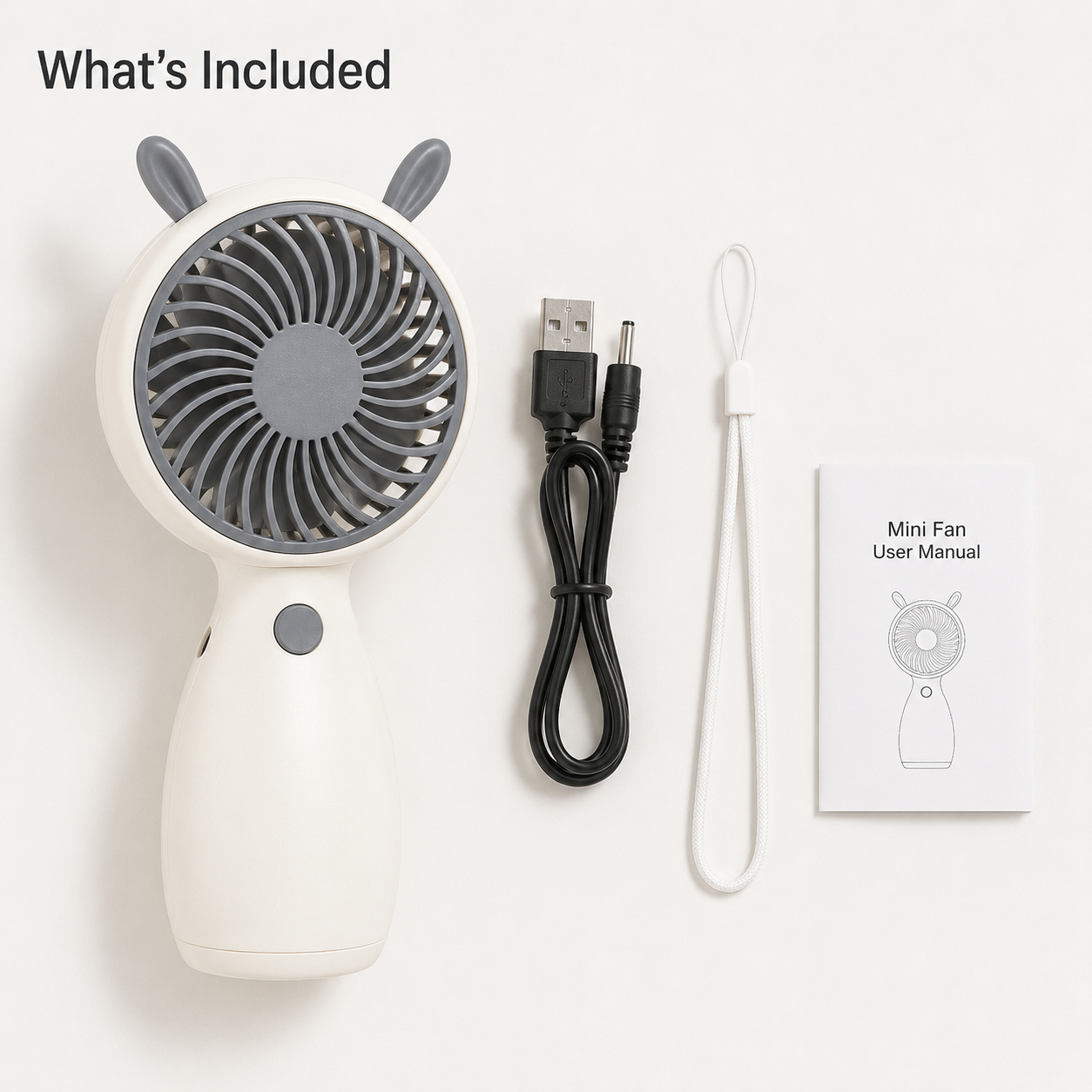 White Cute Mini Rechargeable USB Fan - Portable Handheld Desk Fan