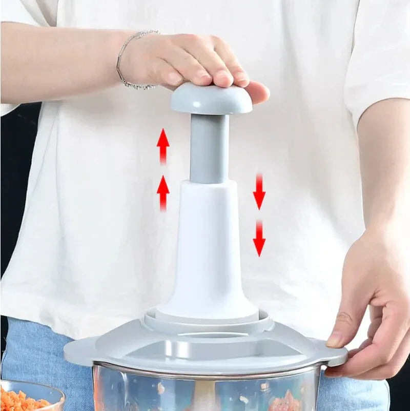 Manual Push Food Chopper 1500ML – 3 Blade Stainless Steel Hand Chopper | Large Capacity Vegetable & Fruit Cutter
