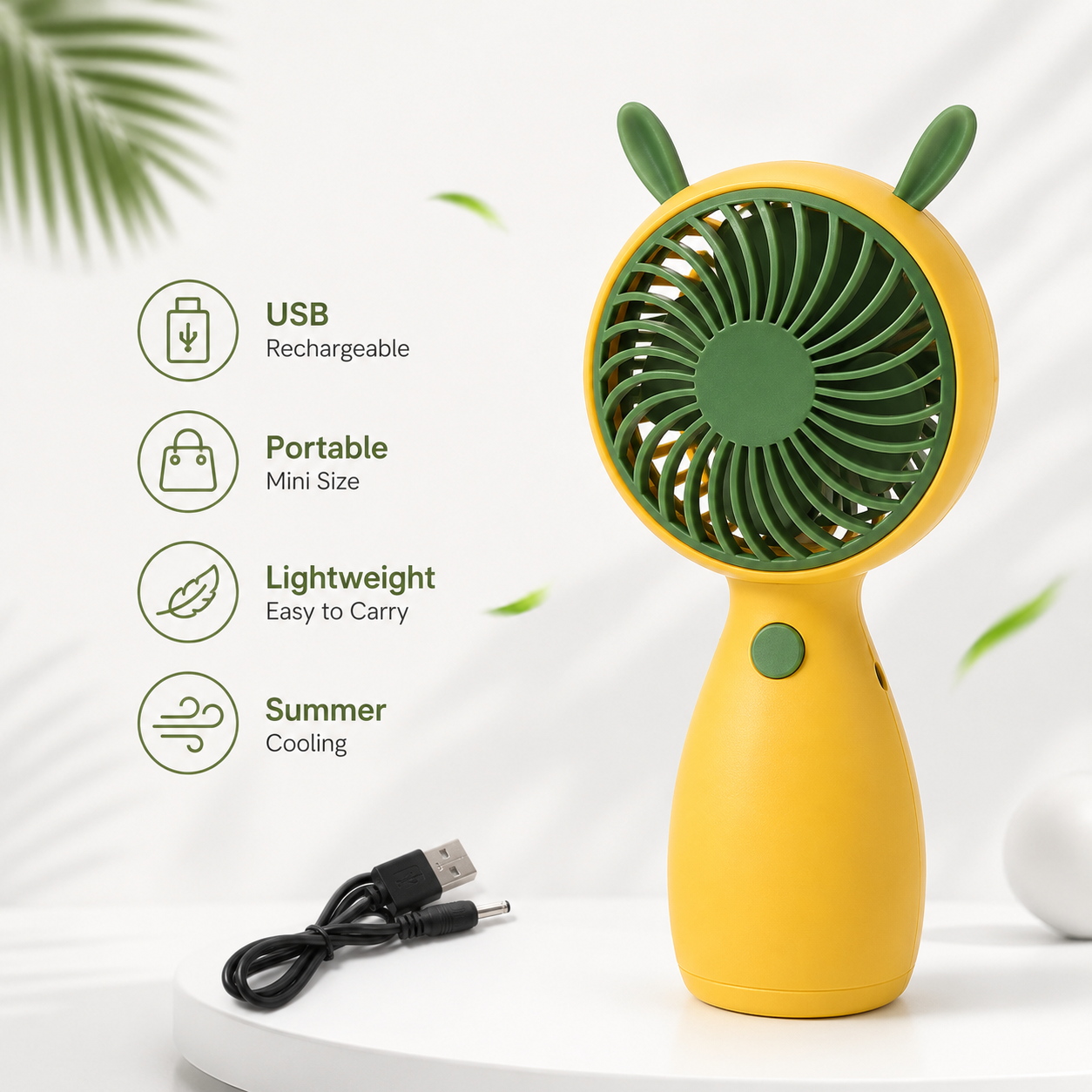 Yellow Cute Mini Rechargeable USB Fan - Portable Handheld Desk Fan - Yellow