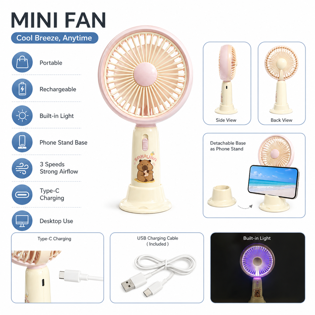 Mini Rechargeable Fan with Light - Portable USB Desk Fan