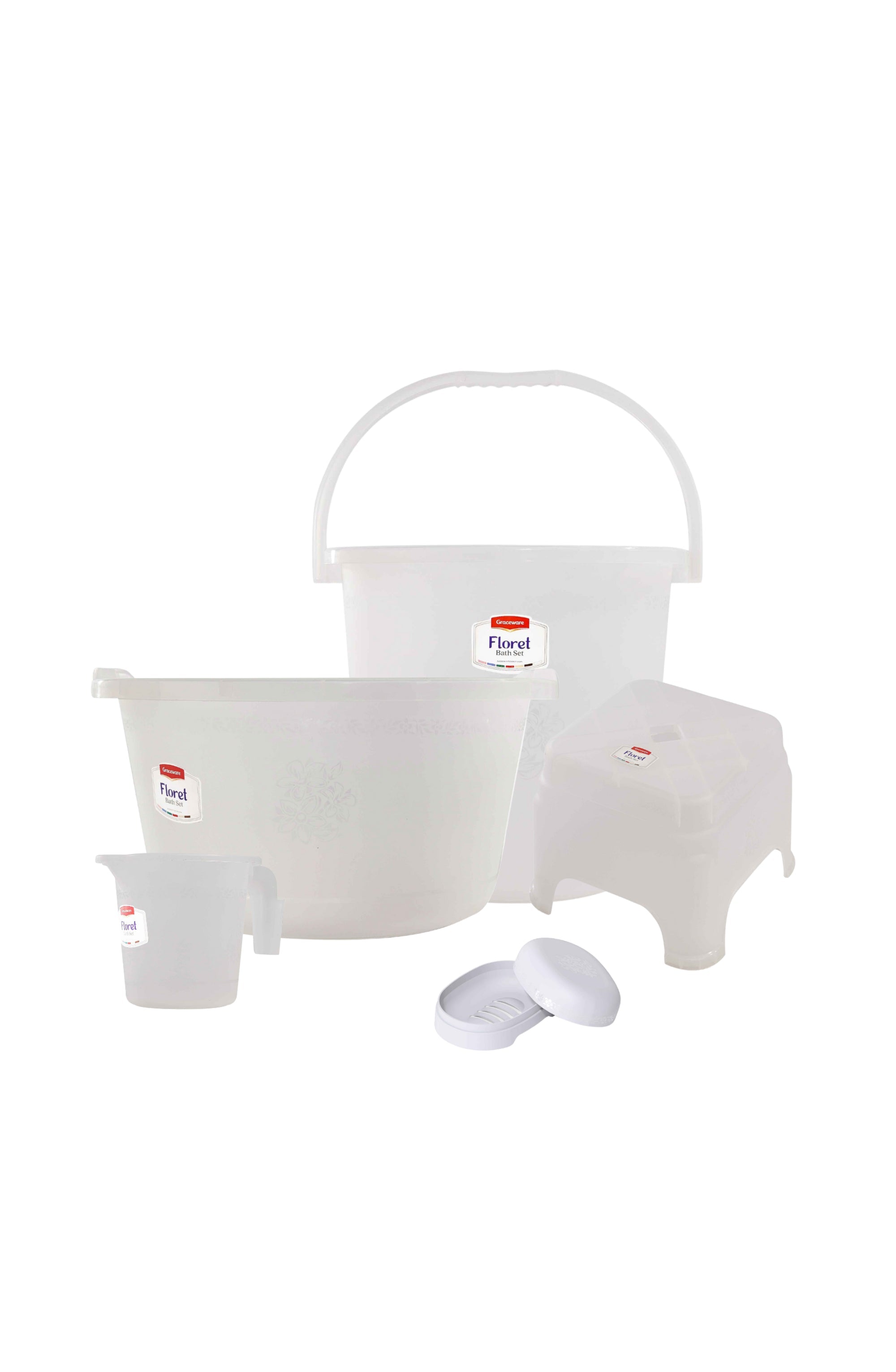 Floret Plastic Bath Set White | Stylish Bathroom Accessories Set - Malik Mart P162