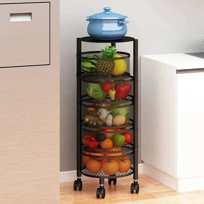 Premium 360° Rotating Multi-Tier Kitchen Organizer Trolley – Carbon Steel Storage Basket Rack with Wheels