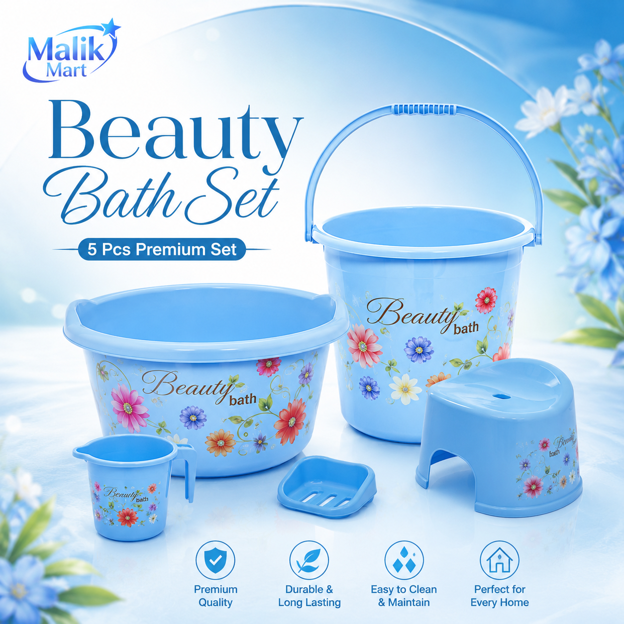 Beauty Plastic Bath Set Blue | Complete Bathroom Accessories Set