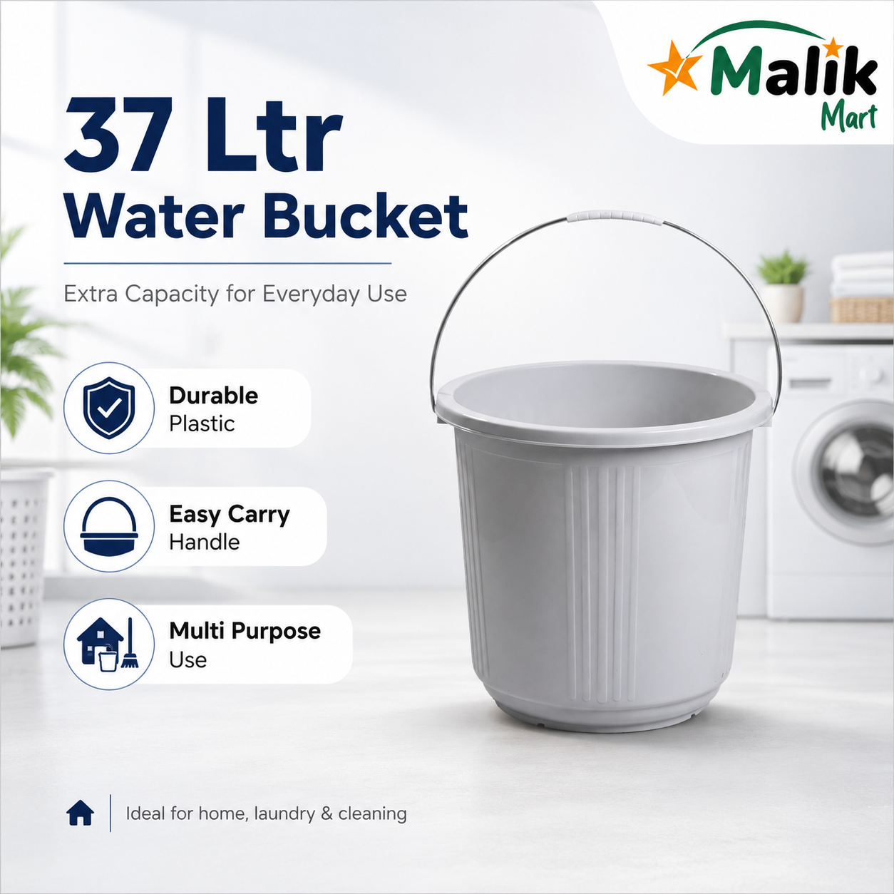 Durable Plastic Water Bucket 37L | Multipurpose Household Bucket with Color Variants