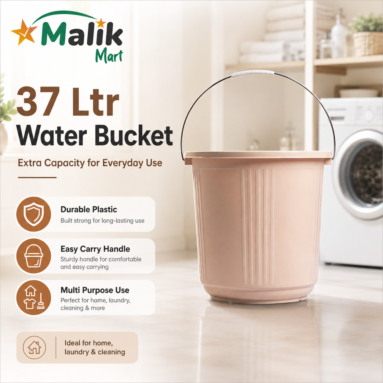 Durable Plastic Water Bucket 37L | Multipurpose Household Bucket with Color Variants