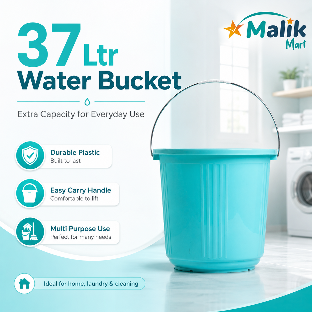 Durable Plastic Water Bucket 37L | Multipurpose Household Bucket with Color Variants
