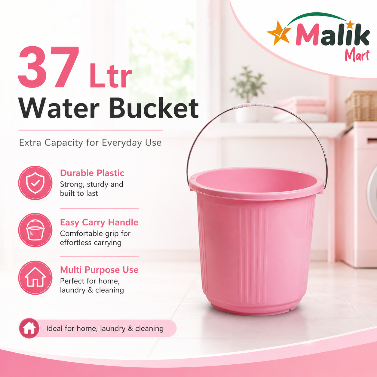 Durable Plastic Water Bucket 37L | Multipurpose Household Bucket with Color Variants