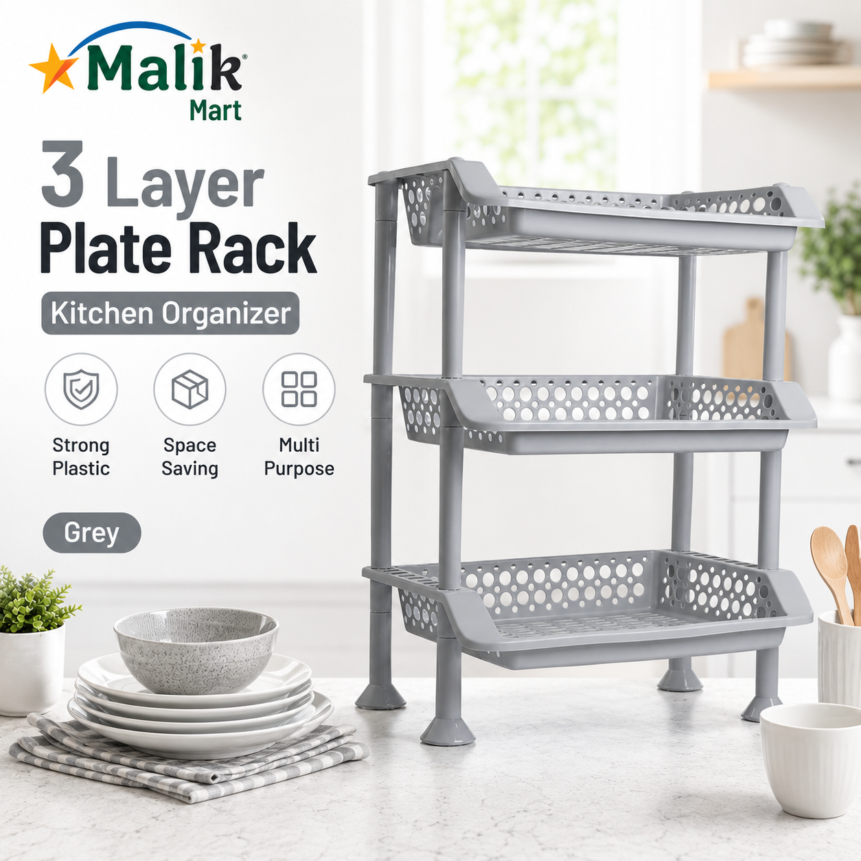 Plastic Dish Rack 3 Tier | Kitchen Plate & Utensil Organizer