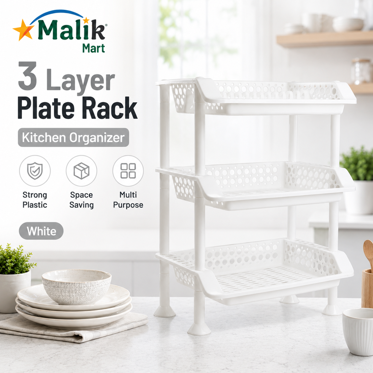 Plastic Dish Rack 3 Tier | Kitchen Plate & Utensil Organizer