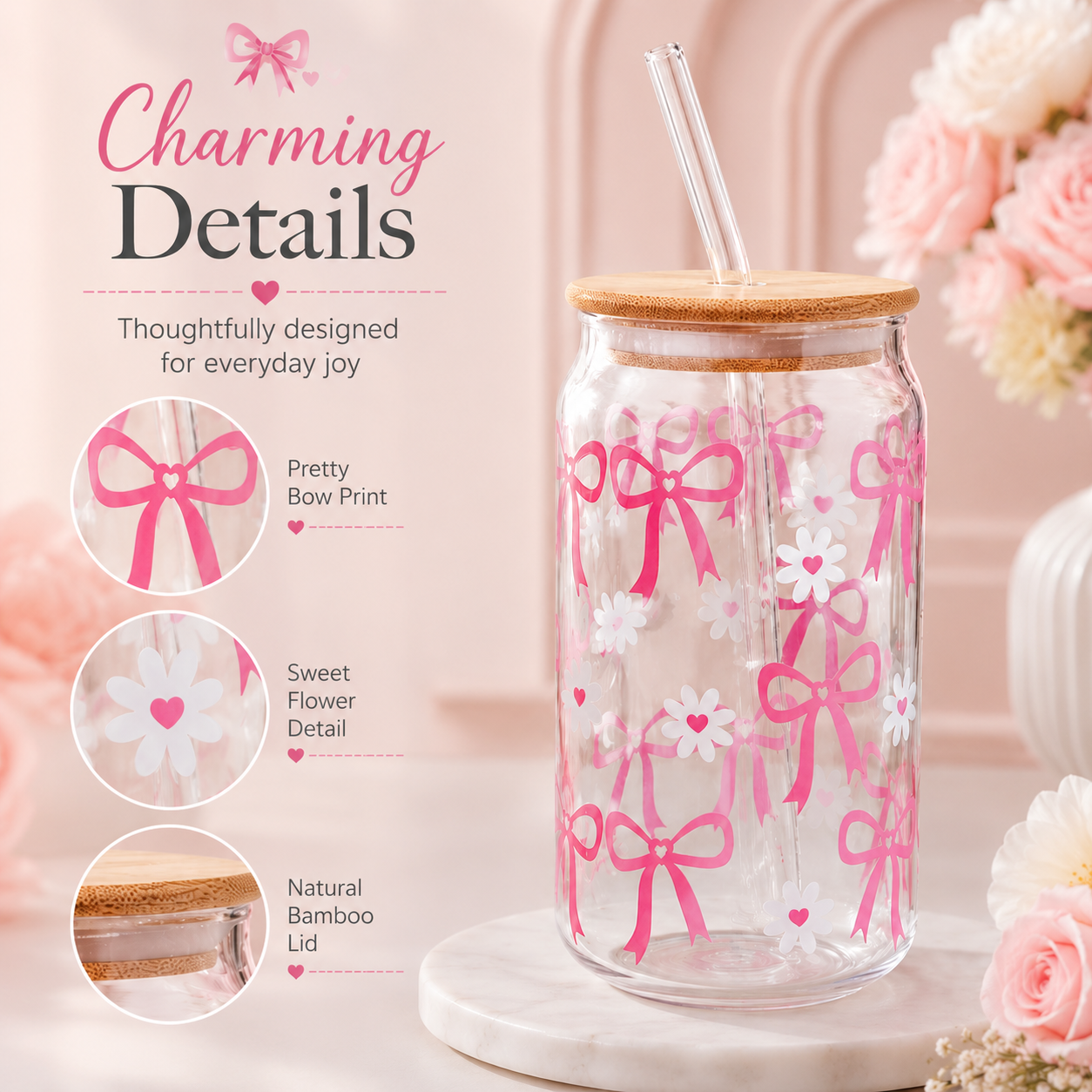 Bow & Daisy Glass Tumbler with Bamboo Lid & Straw