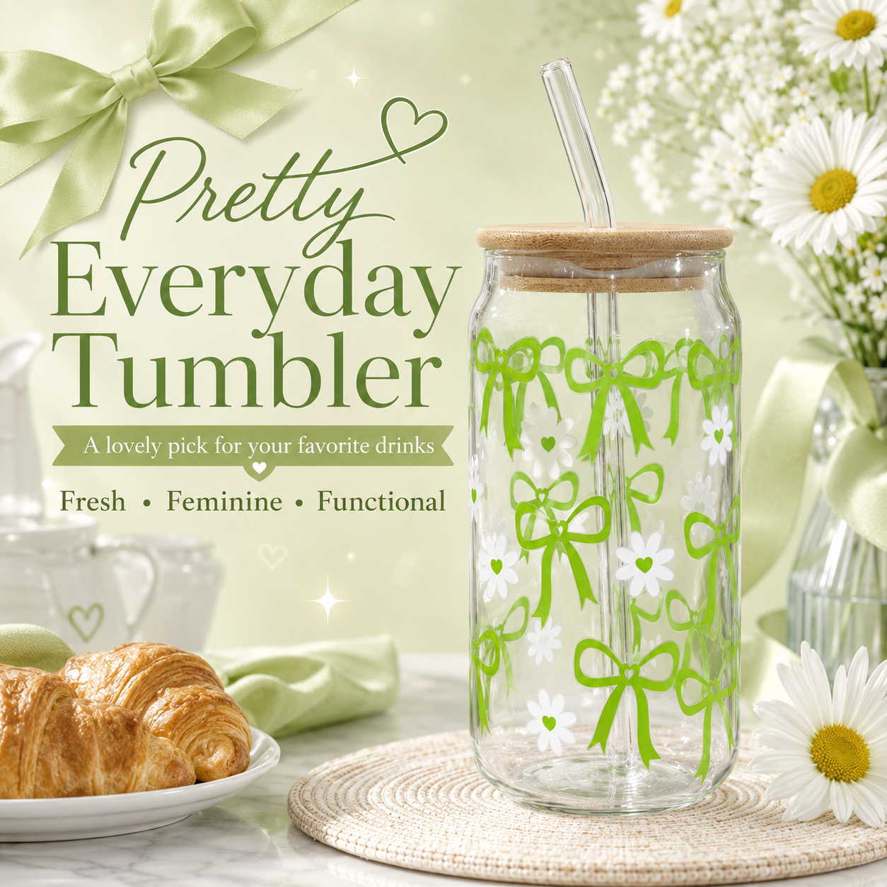 Bow & Daisy Glass Tumbler with Bamboo Lid & Straw