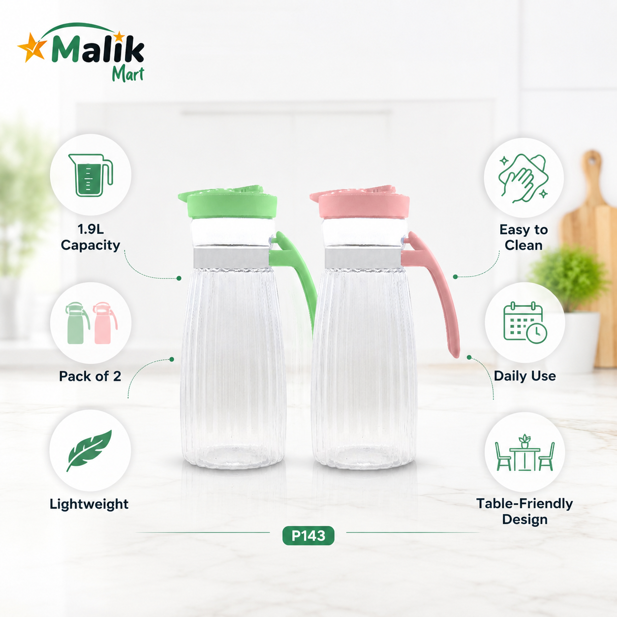 Table Plastic Water Jug 1.9L Pack of 2 | Daily Kitchen & Dining Jug