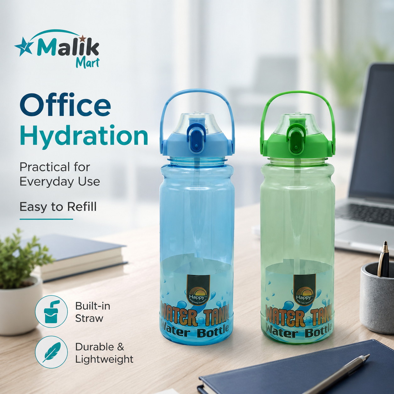 Water Tank Style Plastic Water Bottle | Large Capacity Travel & Home Bottle