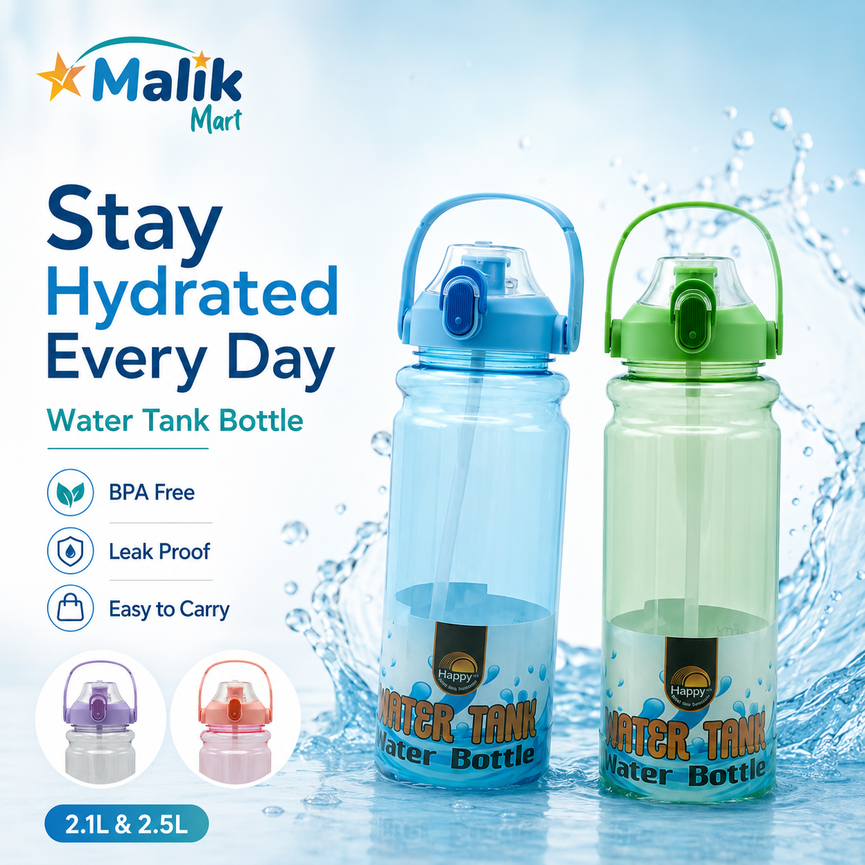 Water Tank Style Plastic Water Bottle | Large Capacity Travel & Home Bottle