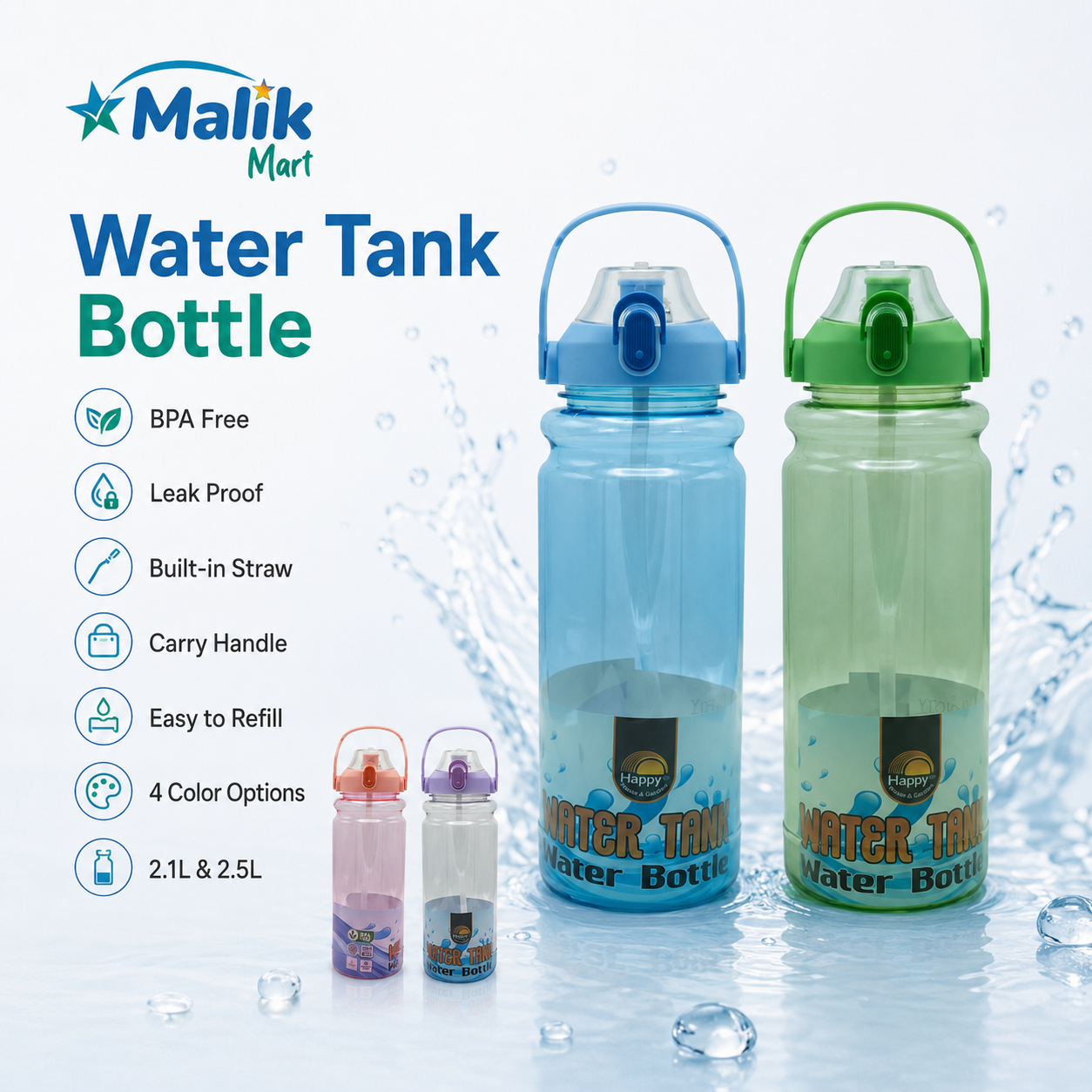 Water Tank Style Plastic Water Bottle | Large Capacity Travel & Home Bottle