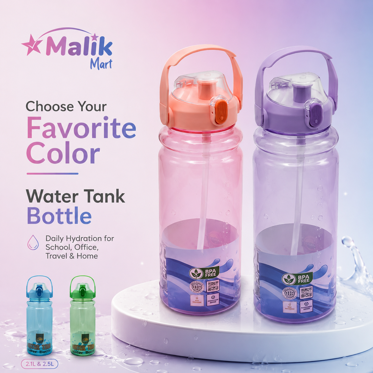 Water Tank Style Plastic Water Bottle | Large Capacity Travel & Home Bottle