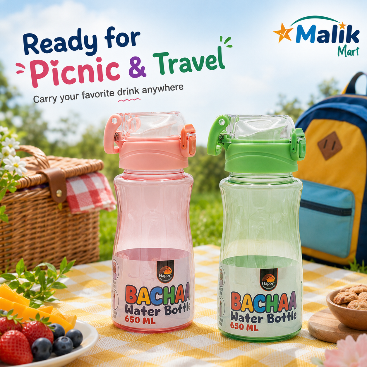 Bacha Kids Plastic Water Bottle 650ml | School, Lunch Box & Travel Bottle