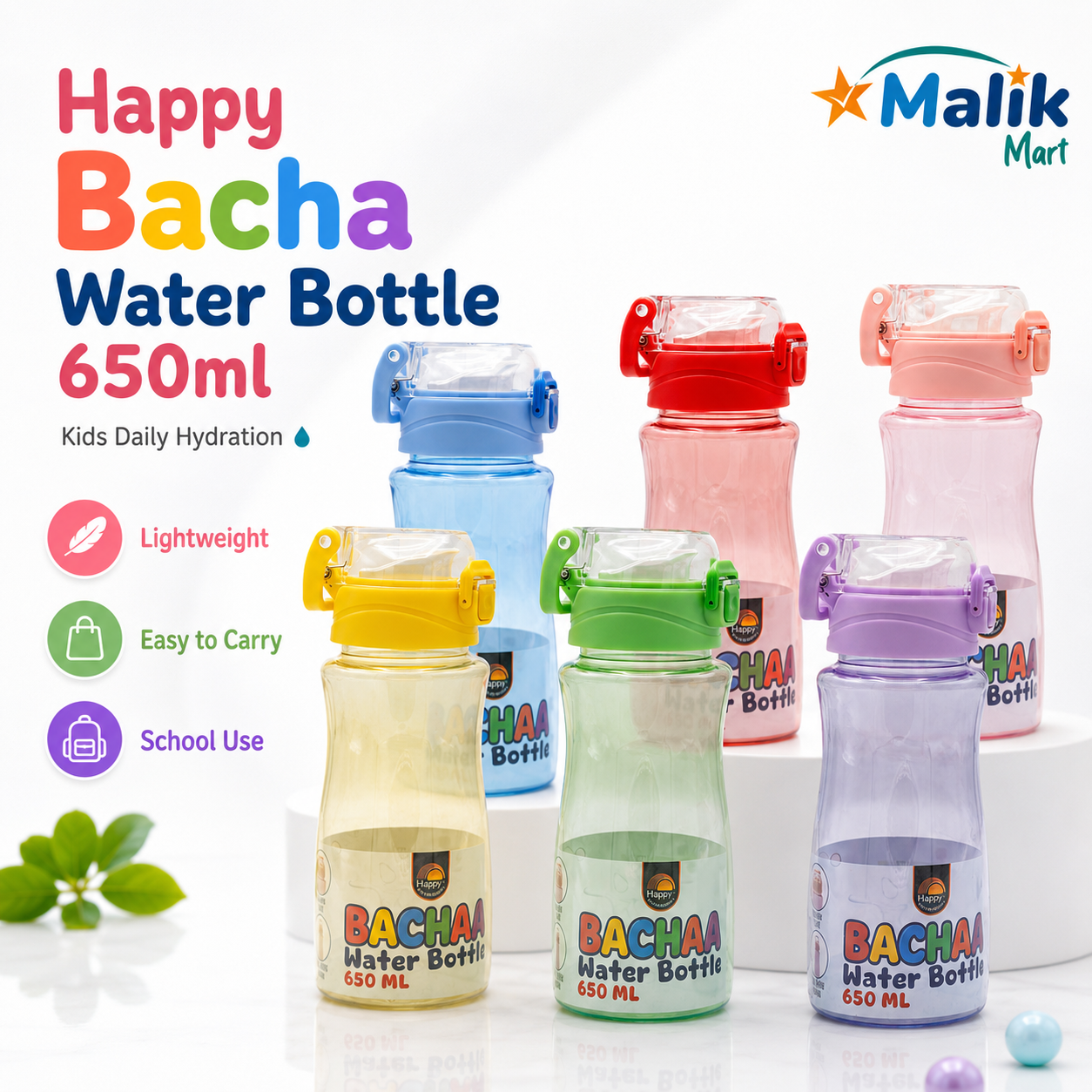 Bacha Kids Plastic Water Bottle 650ml | School, Lunch Box & Travel Bottle