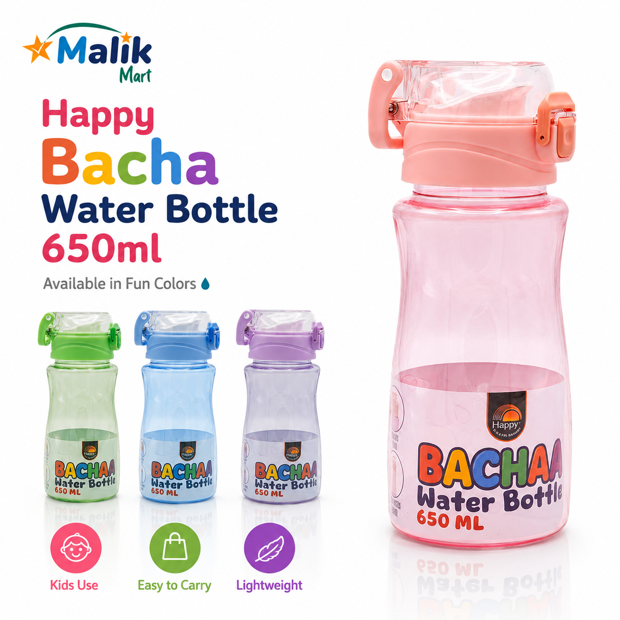 Bacha Kids Plastic Water Bottle 650ml | School, Lunch Box & Travel Bottle