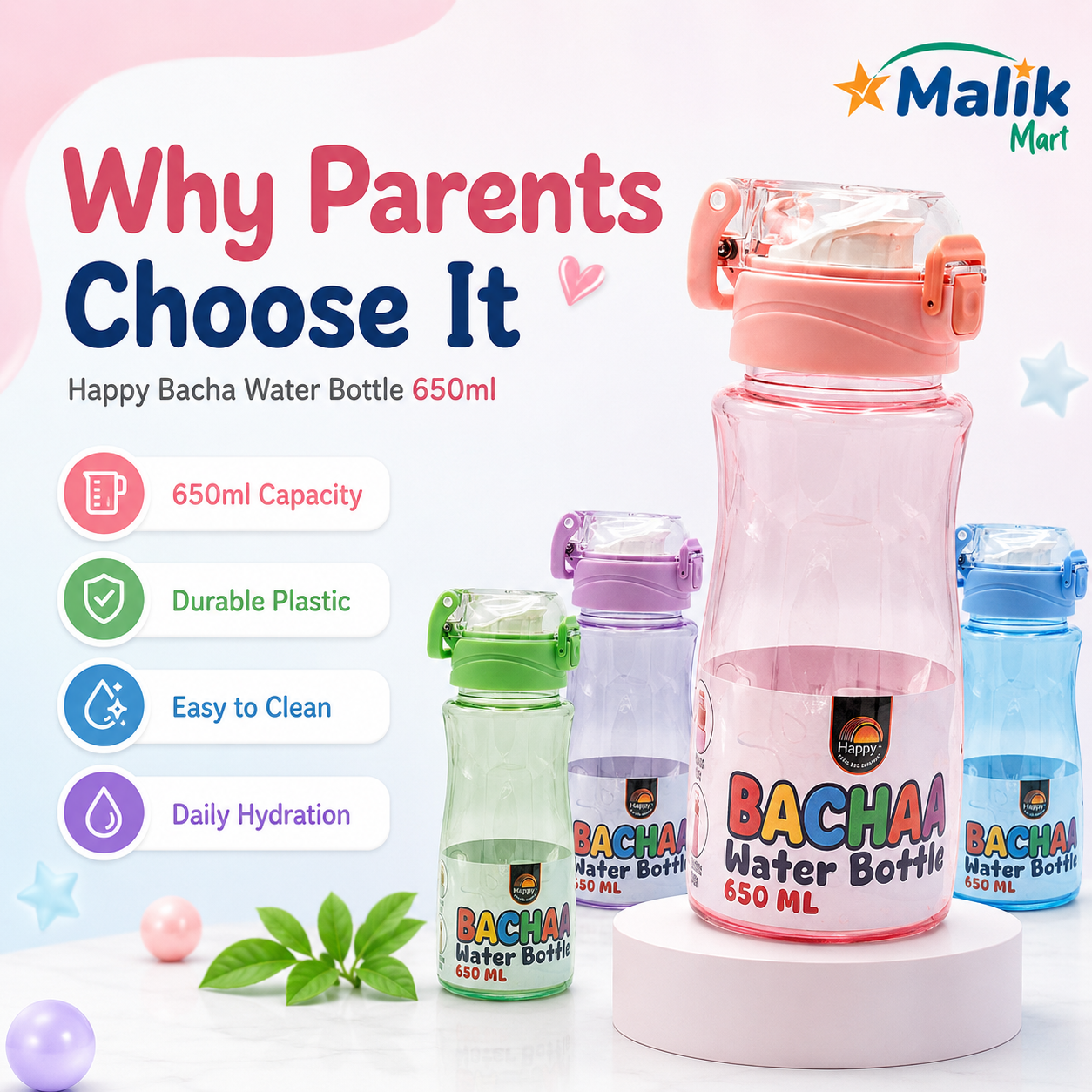 Bacha Kids Plastic Water Bottle 650ml | School, Lunch Box & Travel Bottle