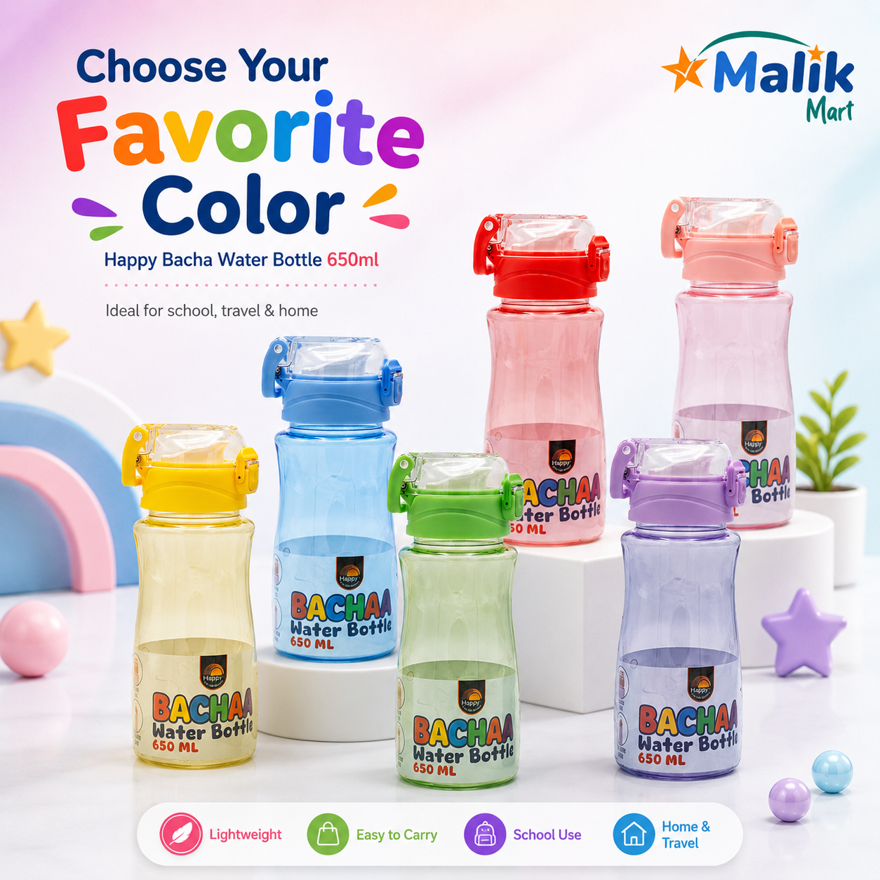 Bacha Kids Plastic Water Bottle 650ml | School, Lunch Box & Travel Bottle