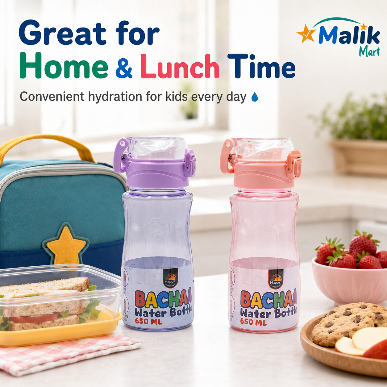 Bacha Kids Plastic Water Bottle 650ml | School, Lunch Box & Travel Bottle