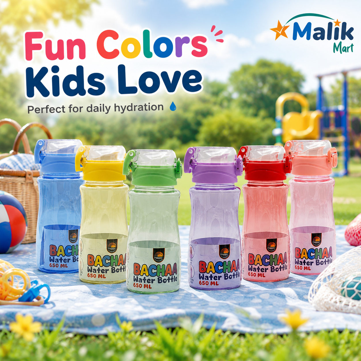 Bacha Kids Plastic Water Bottle 650ml | School, Lunch Box & Travel Bottle