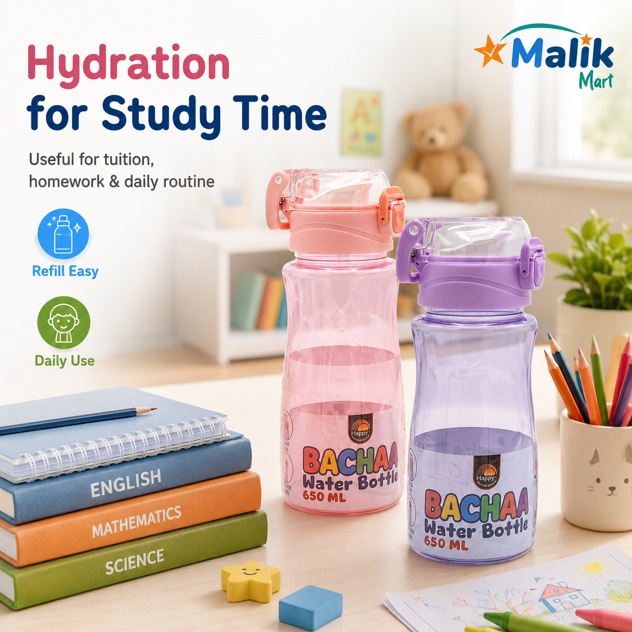 Bacha Kids Plastic Water Bottle 650ml | School, Lunch Box & Travel Bottle