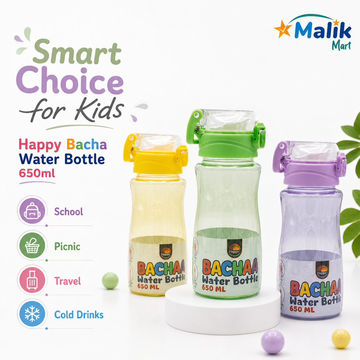 Bacha Kids Plastic Water Bottle 650ml | School, Lunch Box & Travel Bottle