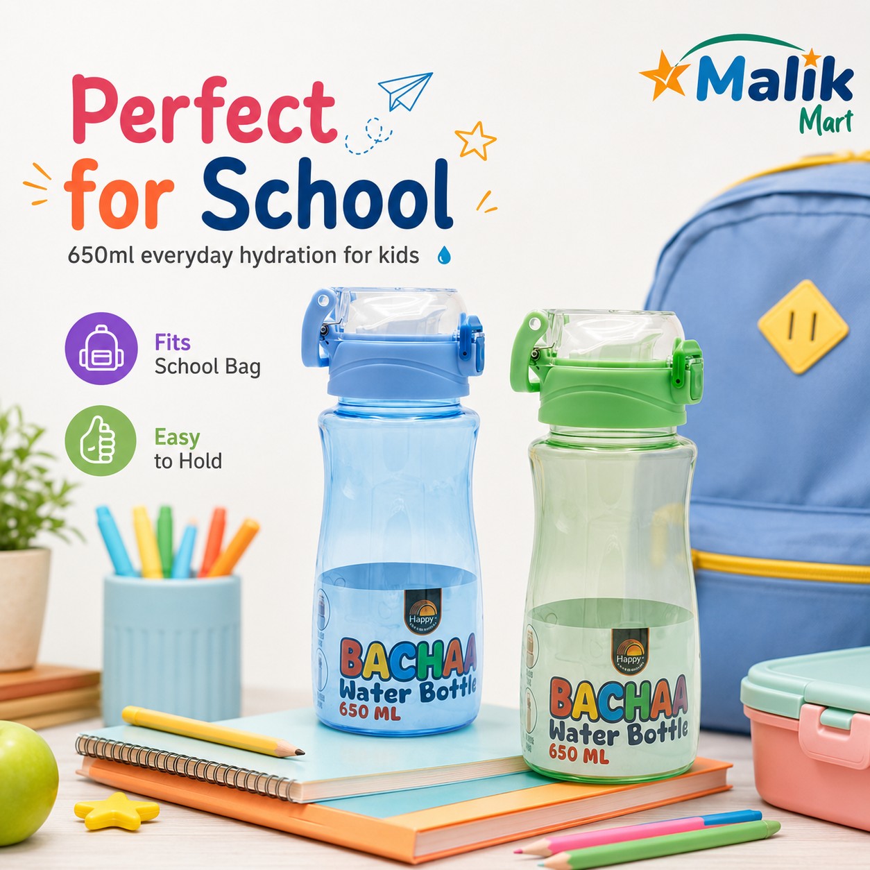 Bacha Kids Plastic Water Bottle 650ml | School, Lunch Box & Travel Bottle