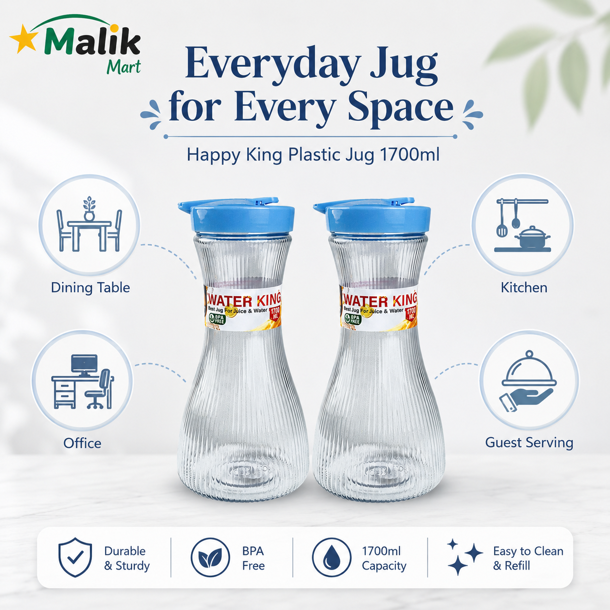 King Plastic Water Jug 1700ml Pack of 2 | Kitchen, Dining & Juice Serving Jug