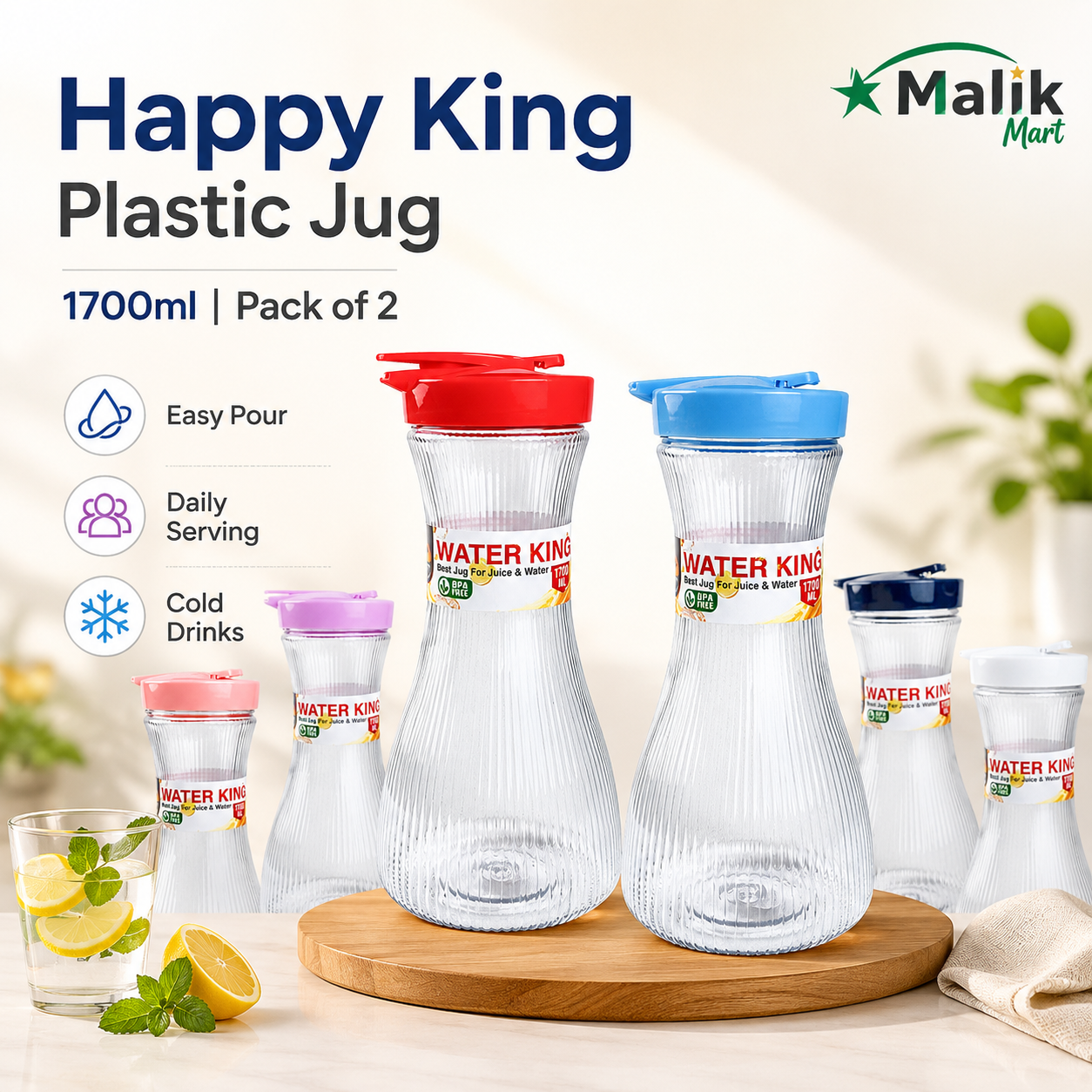 King Plastic Water Jug 1700ml Pack of 2 | Kitchen, Dining & Juice Serving Jug