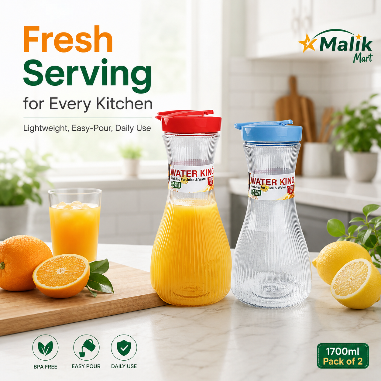 King Plastic Water Jug 1700ml Pack of 2 | Kitchen, Dining & Juice Serving Jug