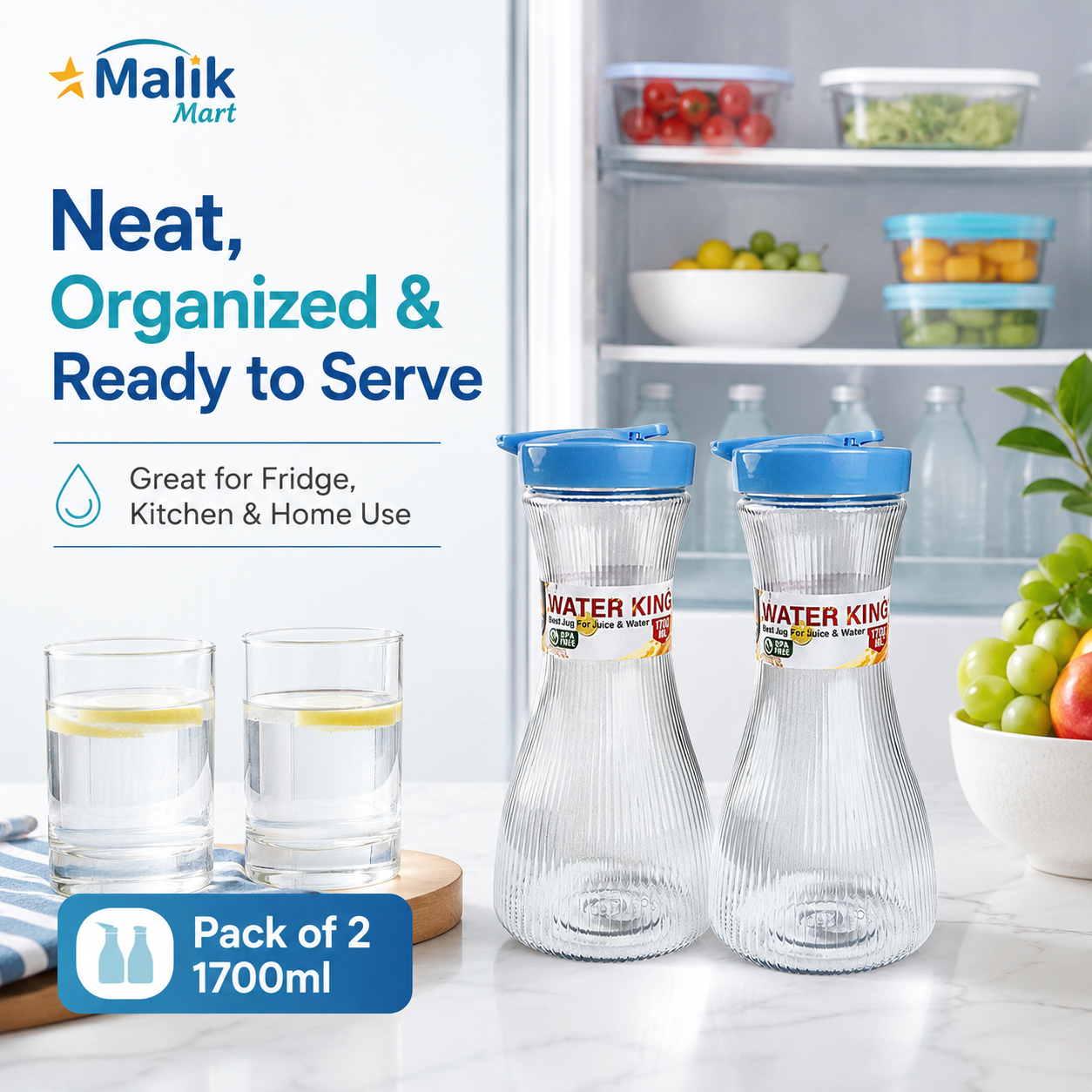King Plastic Water Jug 1700ml Pack of 2 | Kitchen, Dining & Juice Serving Jug