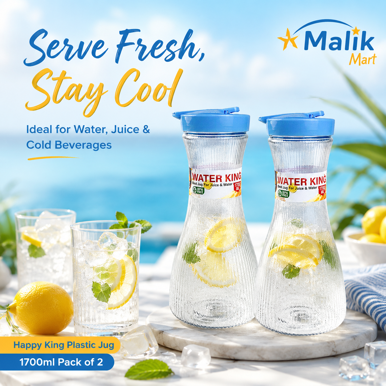 King Plastic Water Jug 1700ml Pack of 2 | Kitchen, Dining & Juice Serving Jug