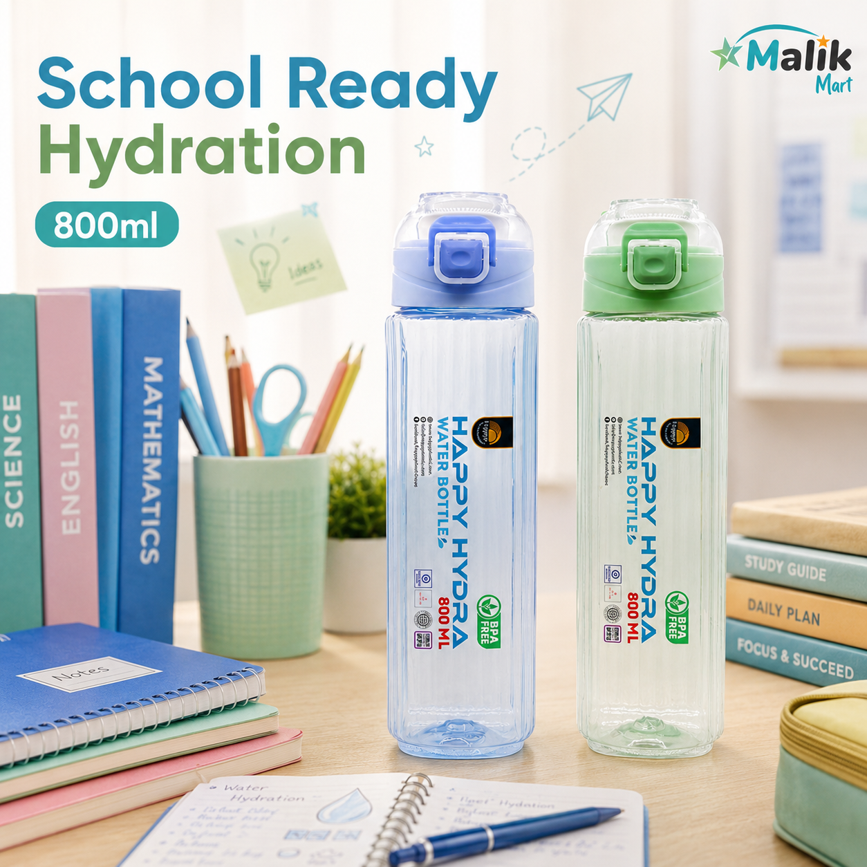Hydra Plastic Water Bottle 800ml | Pack Options for School, Office & Travel