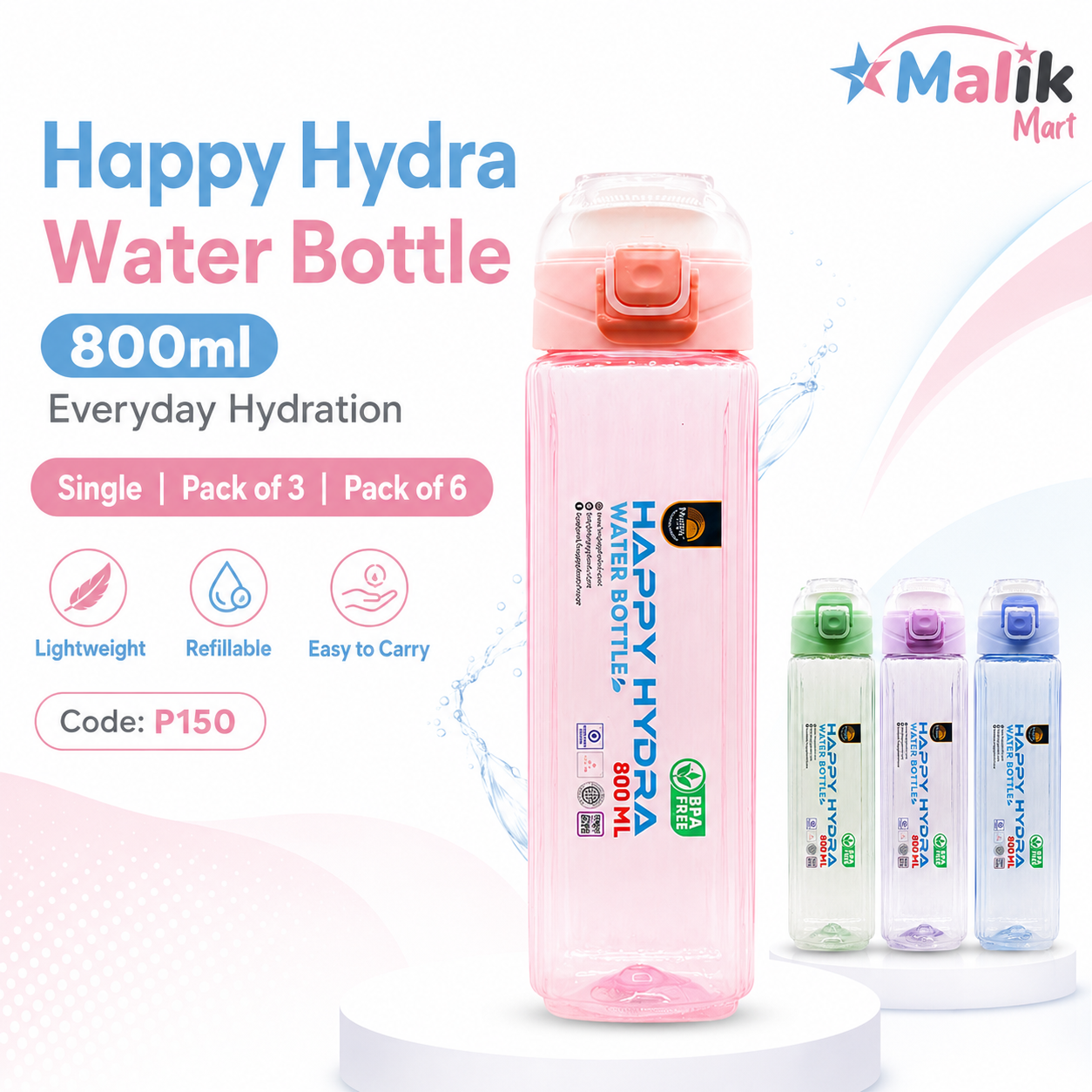 Hydra Plastic Water Bottle 800ml | Pack Options for School, Office & Travel