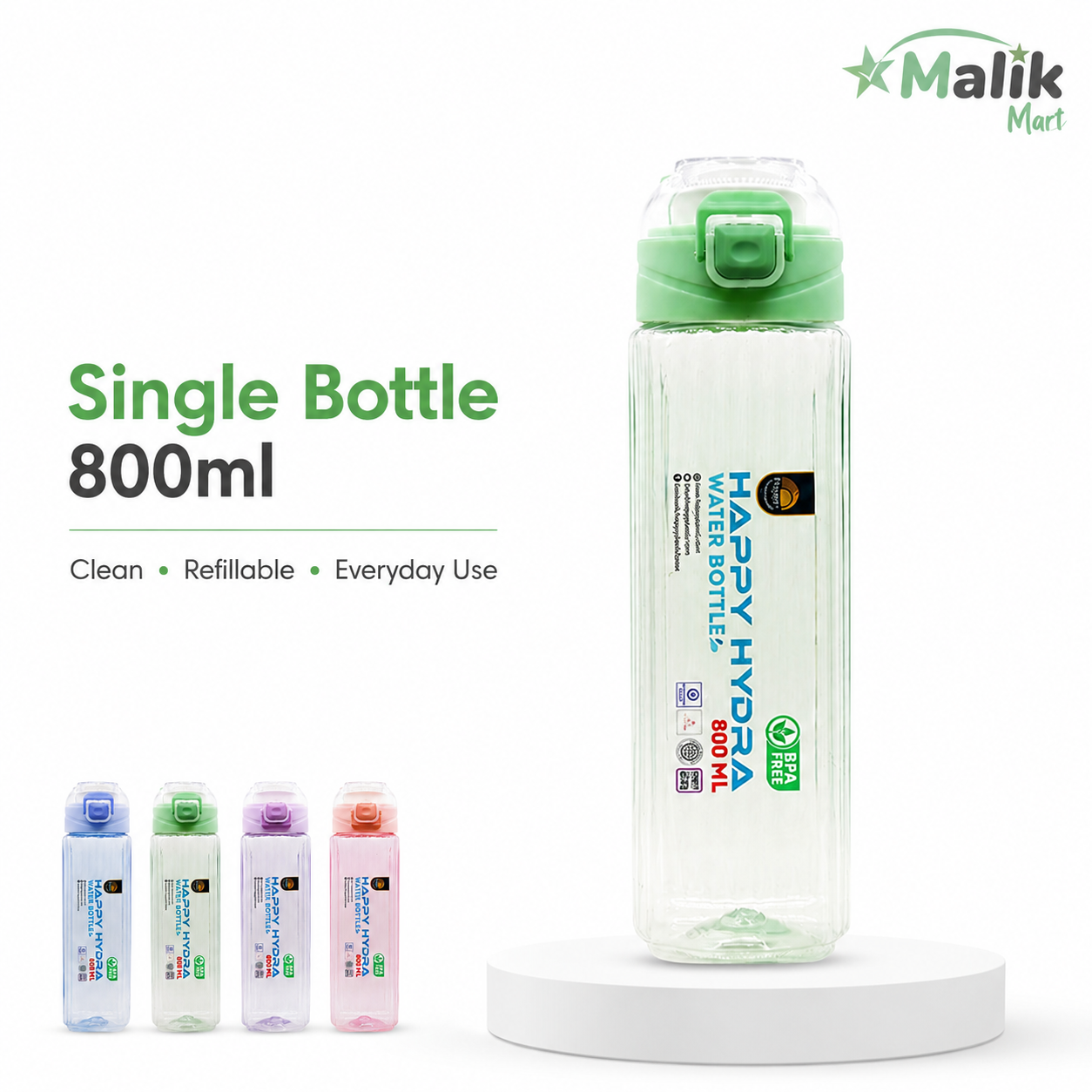 Hydra Plastic Water Bottle 800ml | Pack Options for School, Office & Travel