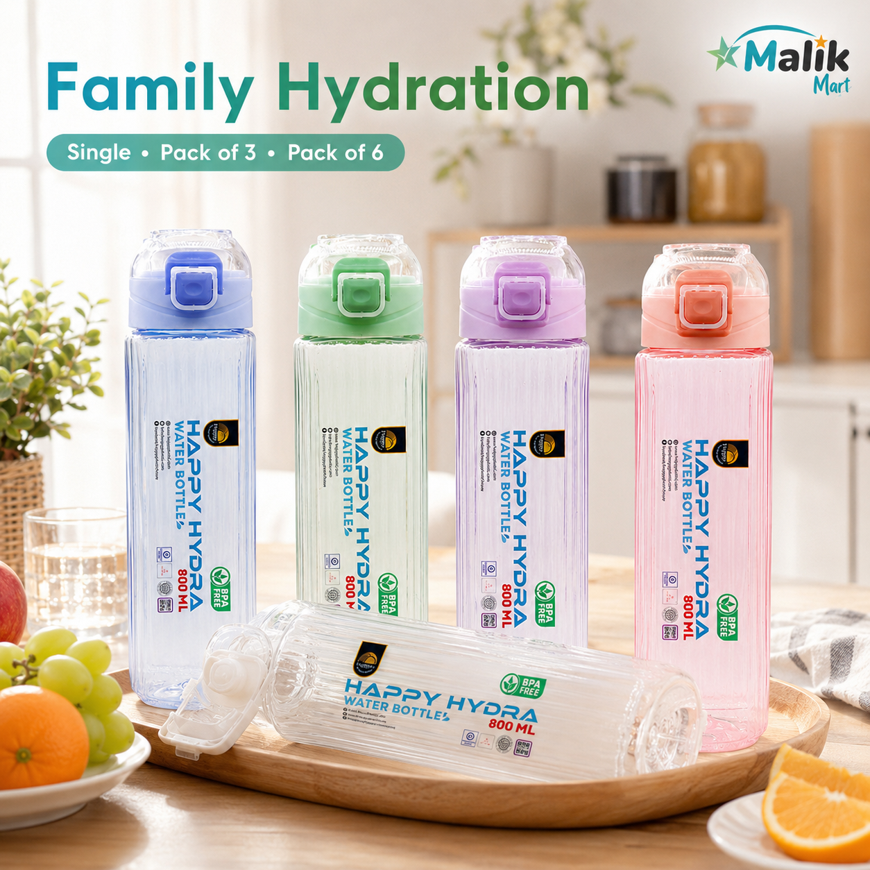 Hydra Plastic Water Bottle 800ml | Pack Options for School, Office & Travel