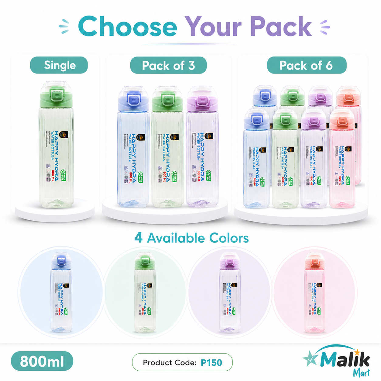 Hydra Plastic Water Bottle 800ml | Pack Options for School, Office & Travel