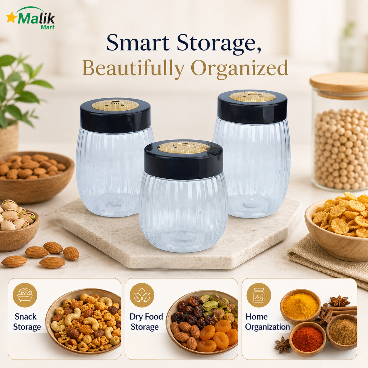 Crown Gold Plastic Storage Jar Set 3 Pcs | Kitchen Pantry & Dry Food Jars