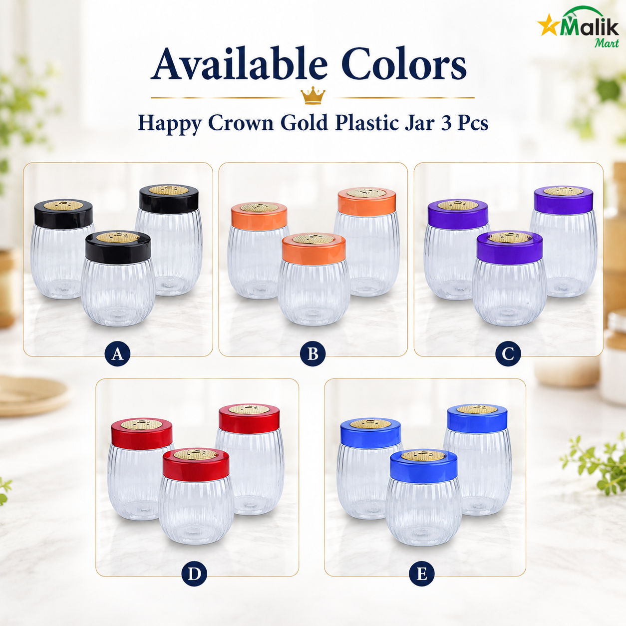 Crown Gold Plastic Storage Jar Set 3 Pcs | Kitchen Pantry & Dry Food Jars
